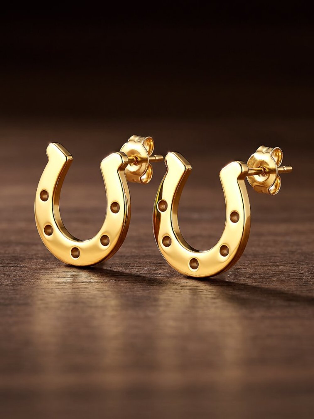 Gold Tone Lucky Horseshoe Stud Earrings Stainless Steel Western